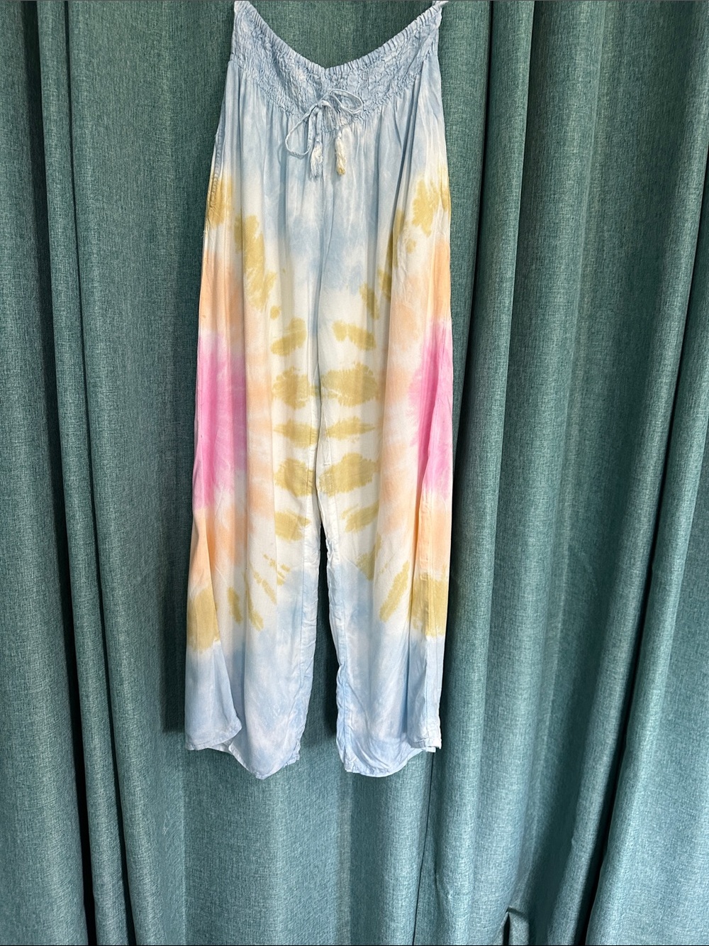 Light Blue Tie-Dye Wide Leg Pants with Pink & Yellow Accents